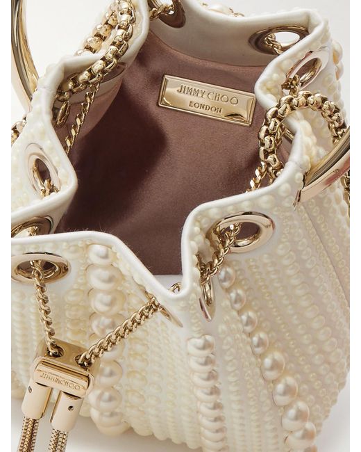 Jimmy Choo Natural Bon Bon Micro Faux Pearl-Embellished Satin Bucket Bag