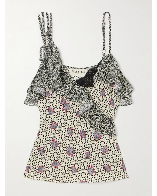 Maison Mayle Gray Izadora Ruffled Floral-Print Lace-Trimmed Silk-Jacquard Camisole
