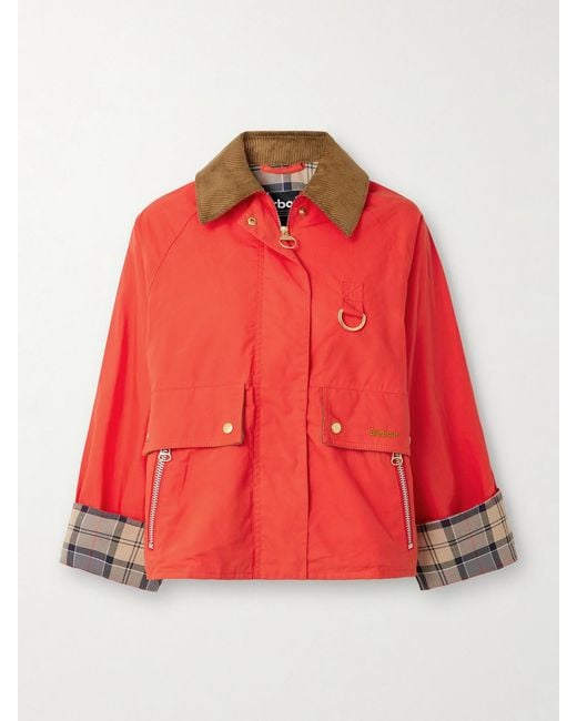Barbour Red Mackworth Corduroy-Trimmed Cropped Cotton Jacket