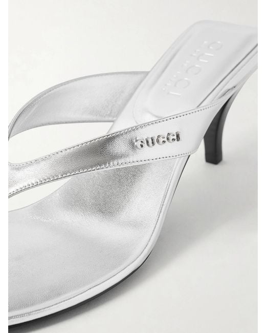 Gucci White Vittoria Logo-Embellished Metallic Leather Thong Sandals