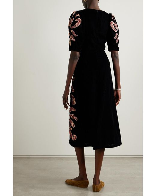 Sea Black Veda Appliquéd And Embroidered Velvet Midi Dress