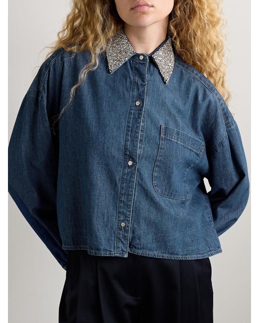 Twp Blue My Ex's Denim Cropped Crystal-Embellished Denim Shirt