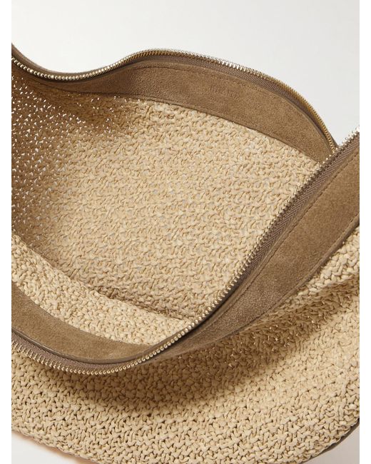 Khaite White Augustina Kleine Schultertasche Aus Raffiabast Mit Besätzen Aus Veloursleder