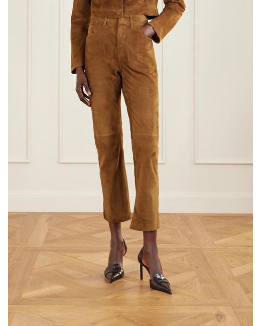 Tom Ford Brown Embellished Paneled Suede Straight-Leg Pants