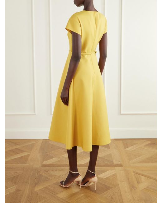 Oscar de la Renta Yellow Belted Wool-Blend Cady Midi Dress