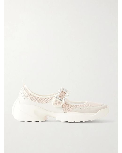 Roger Vivier Natural Viv On The Run Embellished Leather-Trimmed Mesh Mary Jane Sneakers