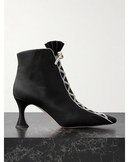 Manolo Blahnik Black Nolhac 70 Ruffled Velvet-Trimmed Silk Ankle Boots