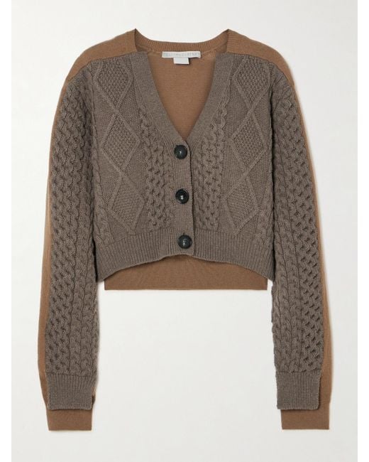 Stella McCartney Brown Cropped Paneled Cable-Knit Wool Cardigan