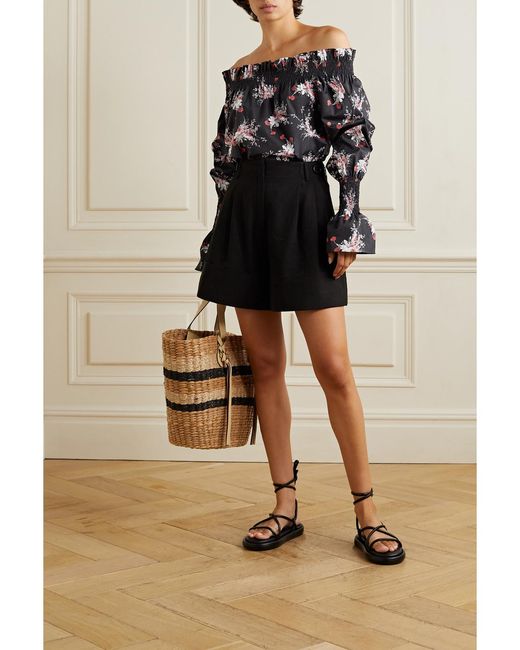 Adam Lippes Black Off-The-Shoulder Shirred Floral-Print Stretch-Cotton Poplin Top