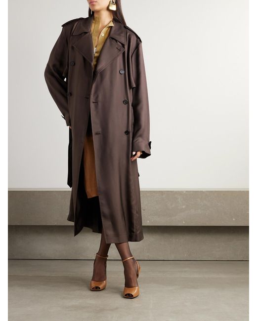 Saint Laurent Brown Double-Breasted Belted Silk-Twill Trench Coat