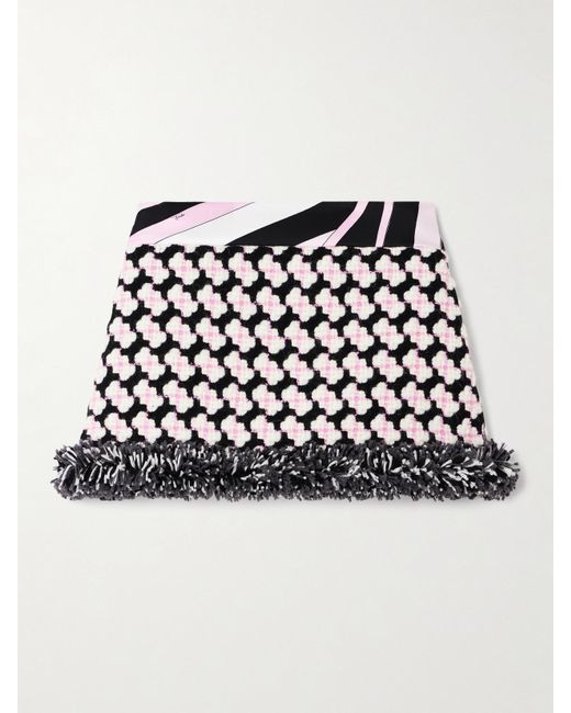 Emilio Pucci Black Printed Fringed Crepe-Trimmed Wool-Blend Tweed Mini Skirt