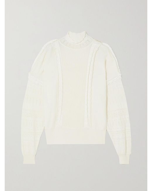 James Purdey & Sons White Embellished Lace-Trimmed Pointelle-Knit Cashmere Sweater