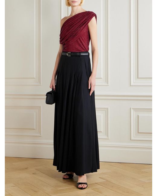 Self-Portrait Red Off-The-Shoulder Draped Crystal-Embellished Mesh Top