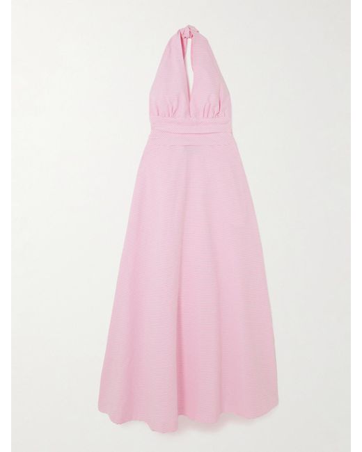 BERNADETTE Pink Marilyn Striped Cotton Halterneck Maxi Dress