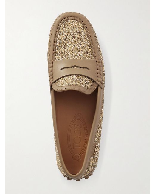 Tod's Natural Leather-Trimmed Raffia Mocassins