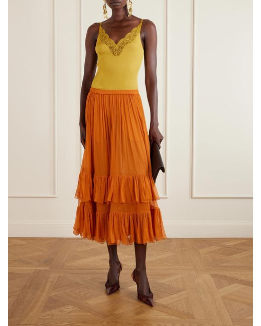 Saint Laurent Orange Ruffled Silk-Muslin Maxi Skirt