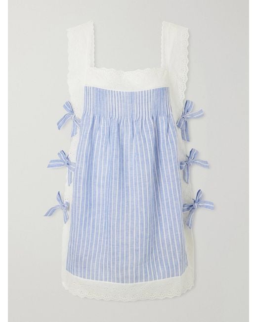 Loretta Caponi Blue Fiocchini Bow-Embellished Striped Broderie Anglaise-Trimmed Linen Mini Dress