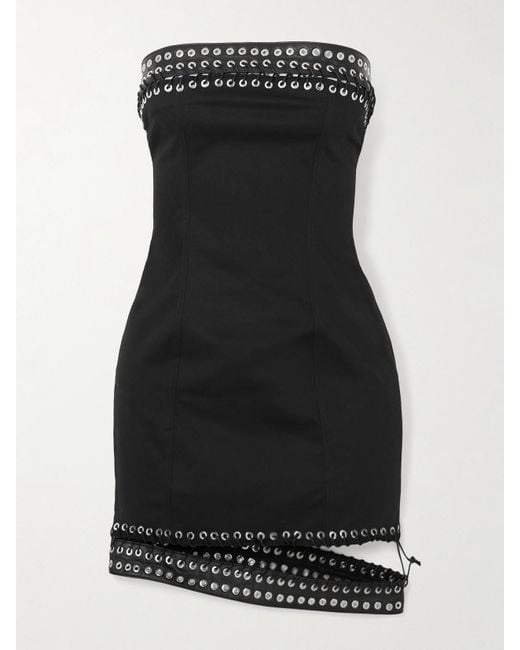 Ludovic de Saint Sernin Black Lucinda Embellished Strapless Leather-Trimmed Cotton-Blend Twill Mini Dress