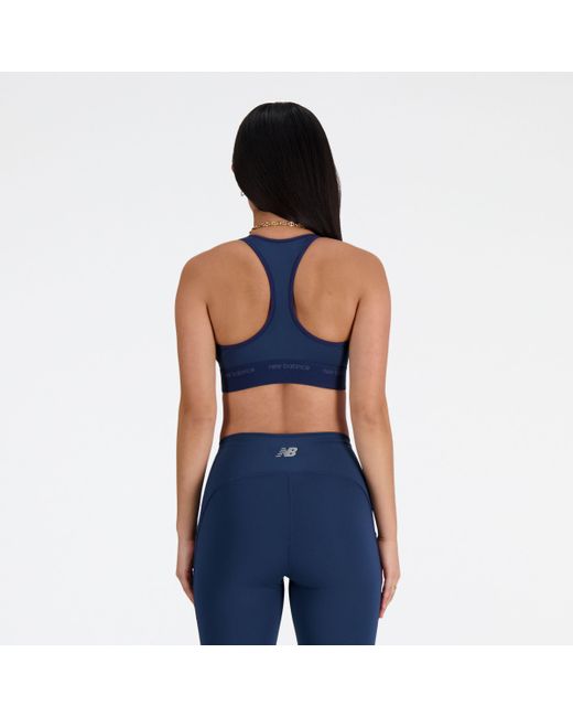 New Balance Nb Sleek Medium Support Sports Bra In Blue Poly Knit