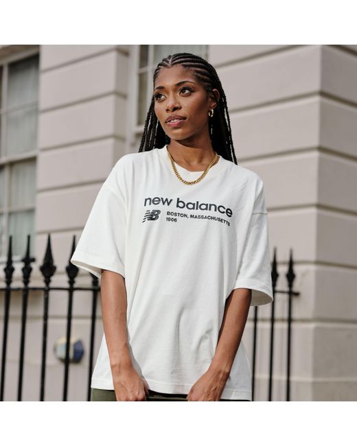 New Balance Linear Heritage Jersey Oversized T-shirt In White Cotton Jersey