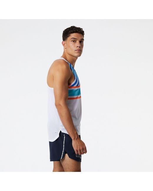 New Balance Blue London Edition Printed Impact Run Singlet In White Poly Knit for men