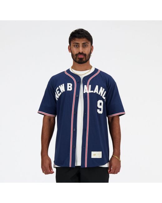 New Balance Sportswear's Greatest Hits Baseball Jersey In Blue Polywoven for men