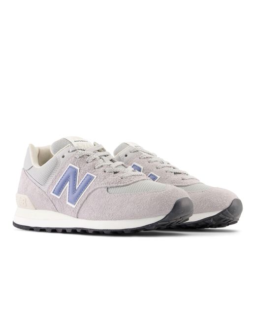 New Balance White 574 In Grey/blue Suede/mesh