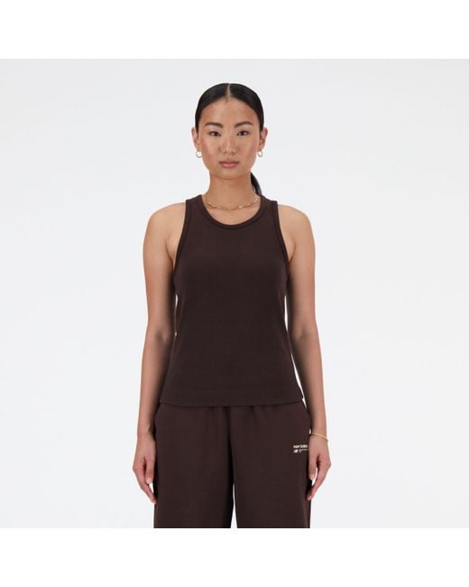 New Balance Brown Linear Heritage Rib Knit Racer Tank In Black Poly Knit