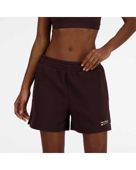 New Balance Brown Linear Heritage French Terry Short In Black Cotton Fleece
