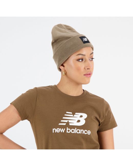 New Balance Natural Cuffed Beanie Flying Nb Logo In Brown Acrylic