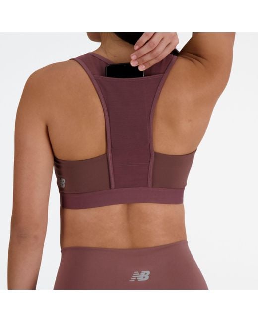 New Balance Purple Nb Sleek Medium Support Pocket Sports Bra In Brown Poly Knit