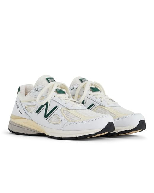 New Balance White Made In Usa 990v4 In Beige/green Leather