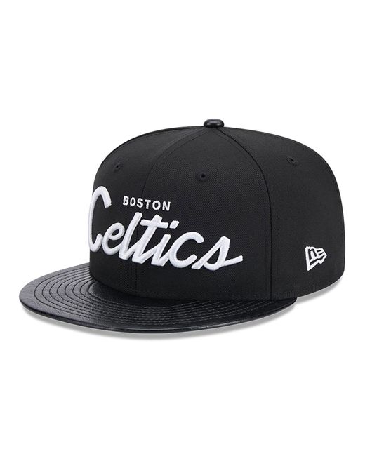 KTZ Black Boston Celtics Faux Leather Visor 9fifty Snapback Cap for men