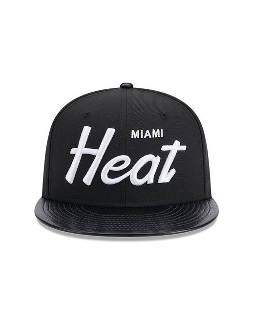 KTZ Black Miami Heat Faux Leather Visor 9fifty Snapback Cap for men