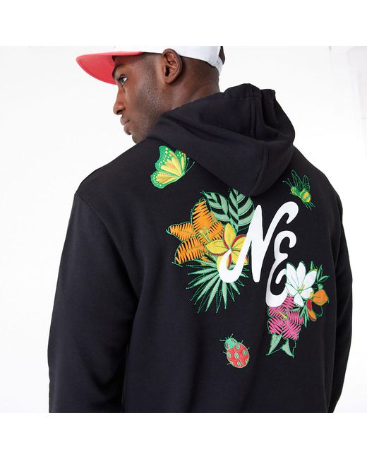 KTZ Blue New Era Floral Graphic Oversized Pullover Hoodie for men