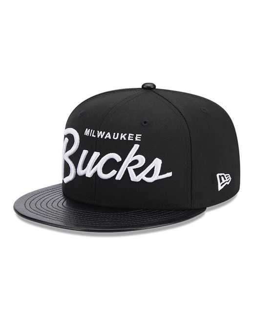 KTZ Black Milwaukee Bucks Faux Leather Visor 9fifty Snapback Cap for men