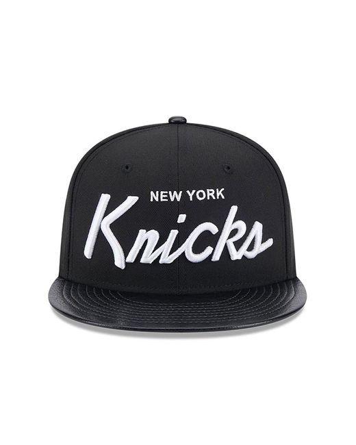 KTZ Black New York Knicks Faux Leather Visor 9fifty Snapback Cap for men