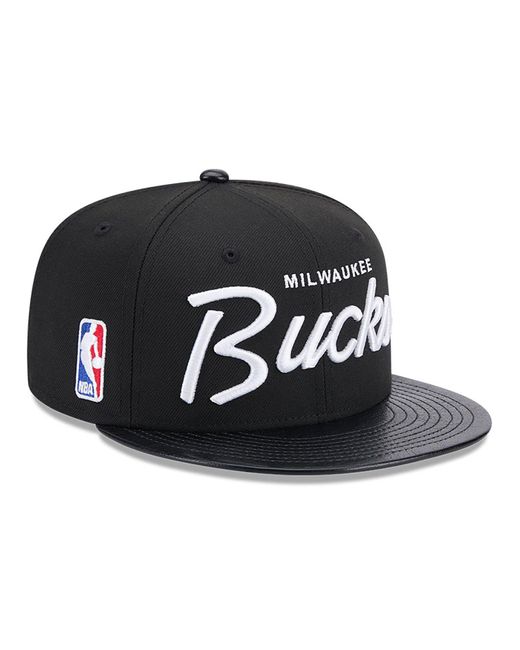 KTZ Black Milwaukee Bucks Faux Leather Visor 9fifty Snapback Cap for men