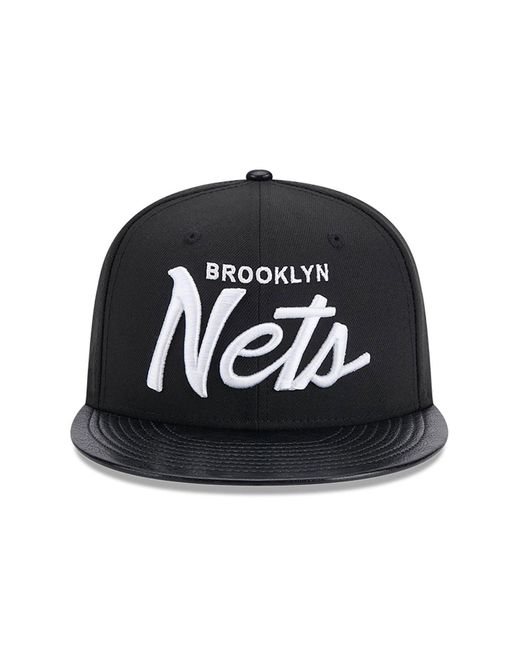 KTZ Black Brooklyn Nets Faux Leather Visor 9fifty Snapback Cap for men