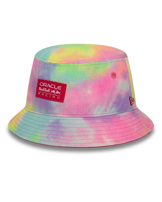 KTZ Pink Red Bull Racing Tie Dye Denim Bucket Hat for men