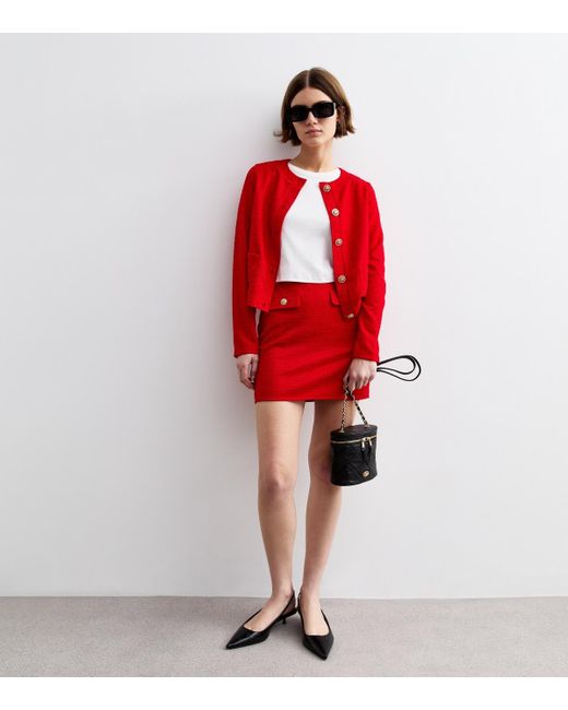 New Look Red Bouclé A-Line Mini Skirt