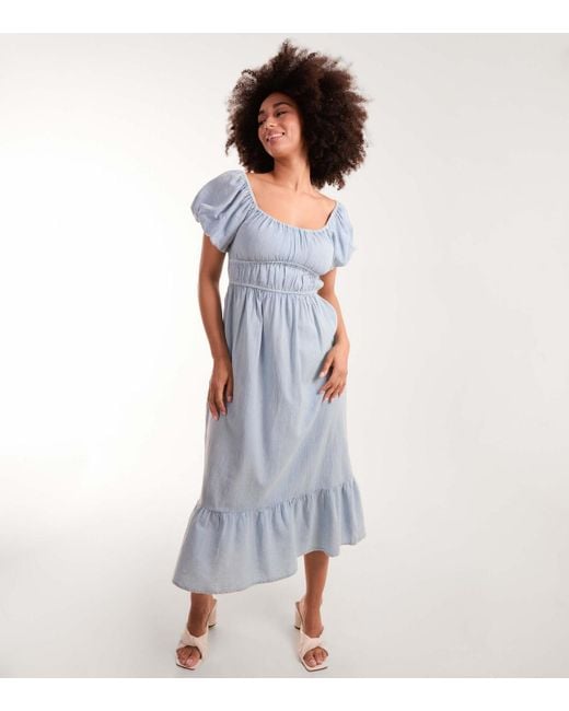 Blue Vanilla Blue Pale Puff Sleeve Midi Dress Vanilla New Look