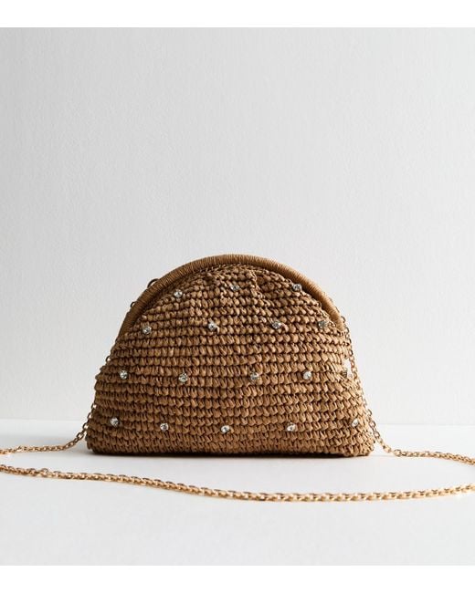 New Look Brown Diamanté Stud Raffia Look Slouchy Clutch Bag