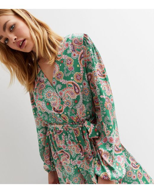 Gini London Paisley Satin Midi Wrap Dress New Look in Green (Blue