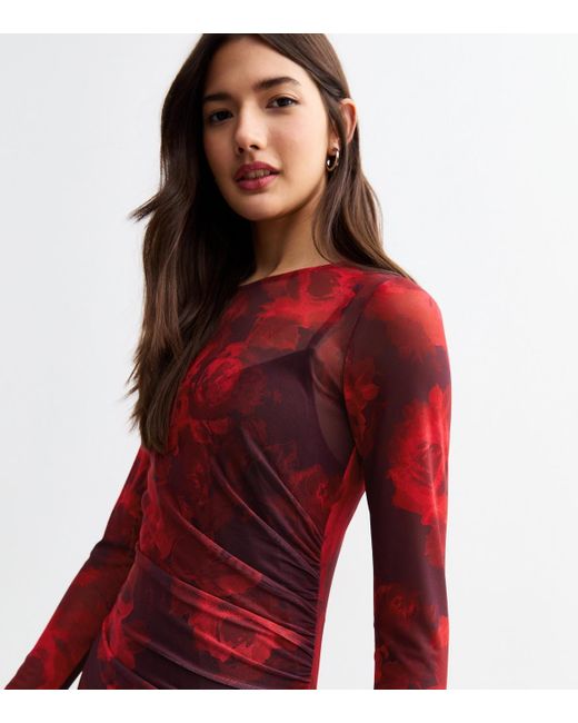 New Look Red Rose Print Mesh Midi Dress