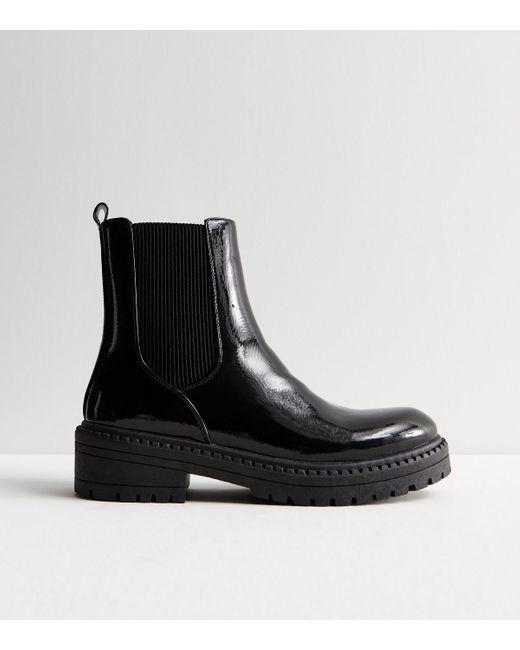New Look Black Patent Chunky Chelsea Boots