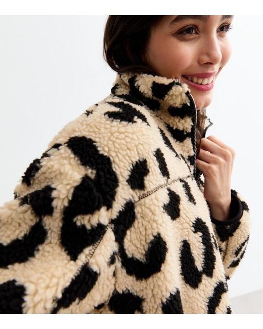 New Look Black Cream Animal Print Zip Up Borg Jacket