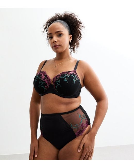 New Look Black Plus Size Floral Embroidered High Waisted Brazilian Briefs Curves