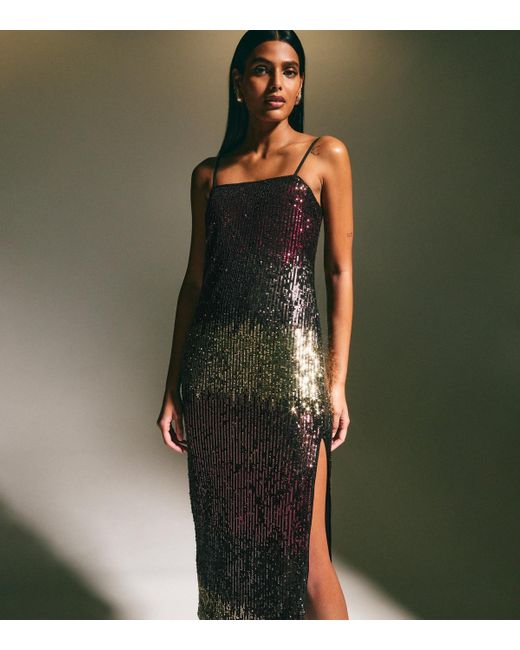 New Look Green Sequinned Ombré Side Slit Midi Dress