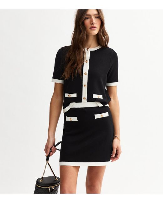 New Look Black Contrast Trim Buttoned Short Sleeve Cardigan